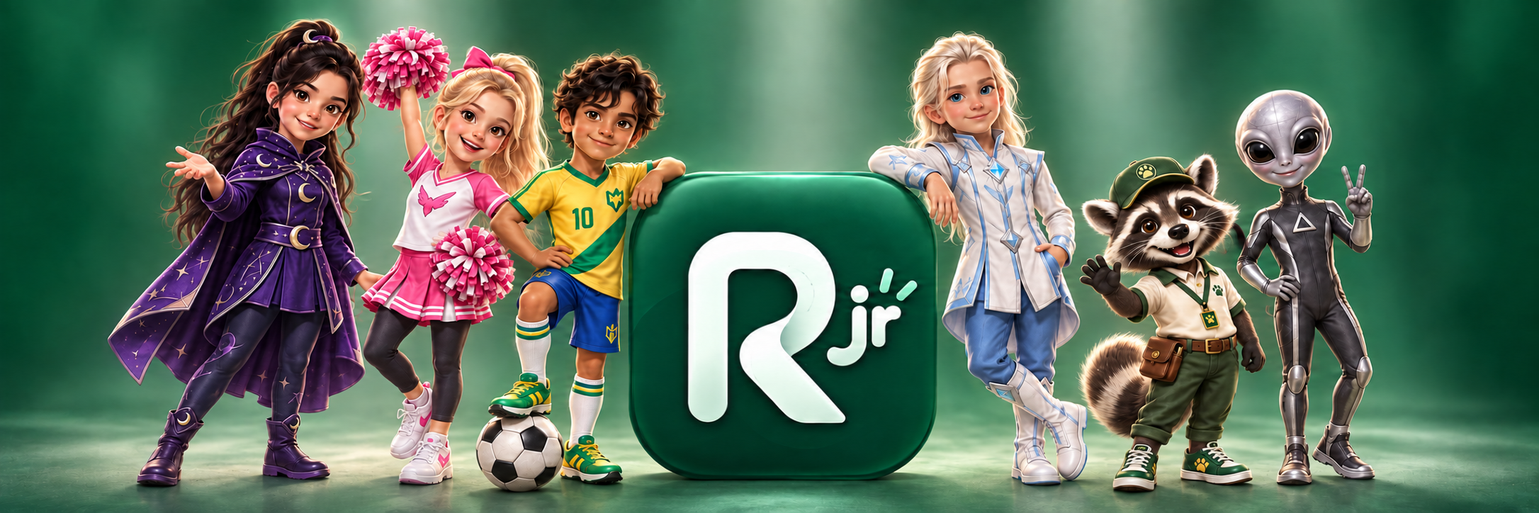RumyFriend Jr: a wizard, cheerleader, soccer player, ice prince, raccoon ranger and alien around the green Rjr logo.
